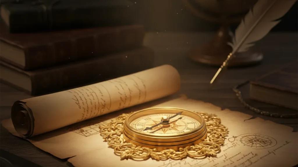 Bússola antiga de ouro sobre um pergaminho aberto, simbolizando Provérbios como o mapa e a regra para a vida.