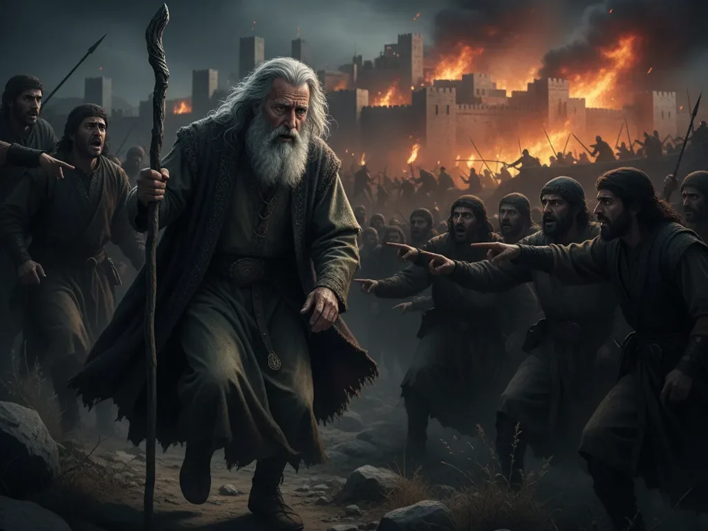 Cena dramática e épica com Rei Davi, um homem idoso de barba branca, fugindo à noite com um cajado, cercado por pessoas murmurando e apontando. Ao fundo, uma cidade em chamas sob um céu escuro, com exércitos em combate.