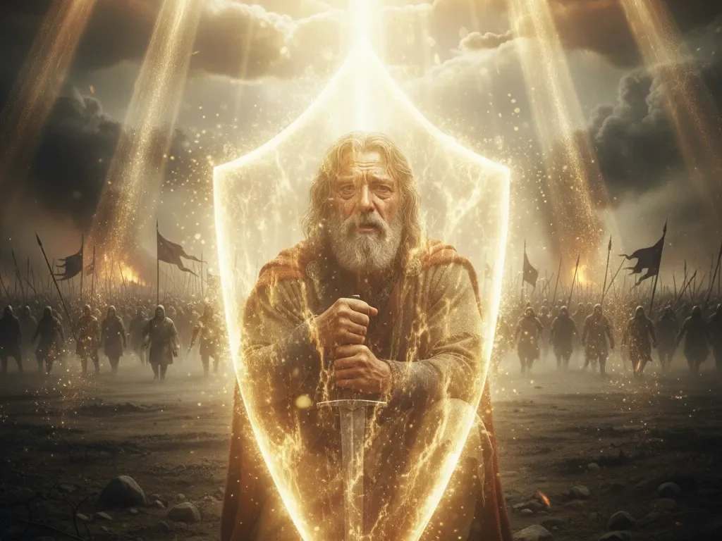 Cena épica onde um guerreiro idoso (Davi) ajoelhado no campo de batalha é cercado por um escudo de luz divina dourada. Raios de luz descem do céu enquanto exércitos inimigos avançam ao fundo, transmitindo dignidade e proteção divina."