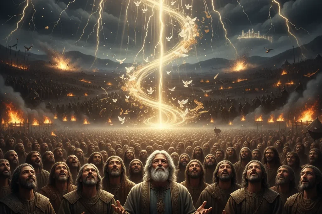 Cena épica e mágica de um grande grupo de pessoas olhando para o céu com as mãos levantadas, enquanto raios de luz dourada e pombas descem, dispersando fumaça e exércitos inimigos. Um líder idoso está no centro, de frente para o público, com uma expressão de reverência, sugerindo paz e libertação divinas.