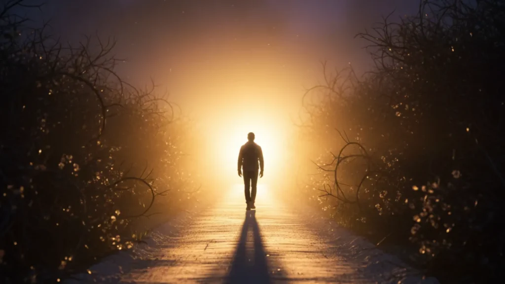 Pessoa caminhando em um caminho reto e iluminado, contrastando com as sombras ao redor, simbolizando o pedido de Davi: 'aplana o teu caminho diante de mim'.