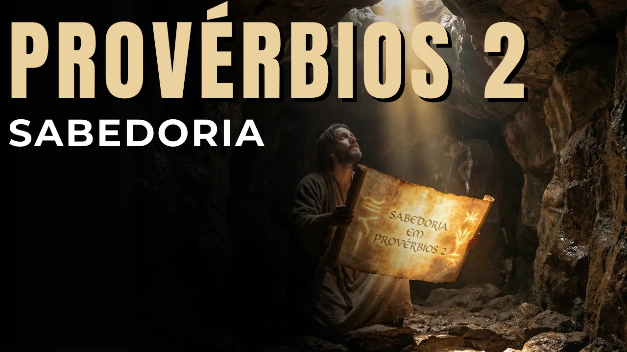 Um homem ajoelhado em uma caverna escura, iluminado por um feixe de luz divina, segurando um pergaminho brilhante que representa a Sabedoria em Provérbios 2. Estilo Nana Banana, cores ricas e profundas.