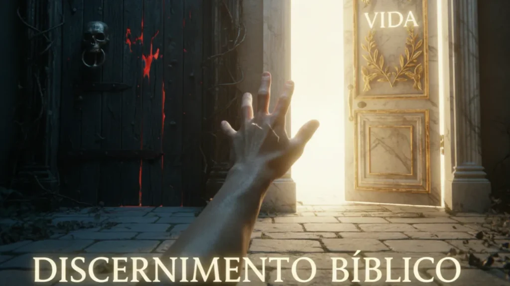 Duas portas, uma escura e decrépita e outra clara e adornada, com uma mão estendida