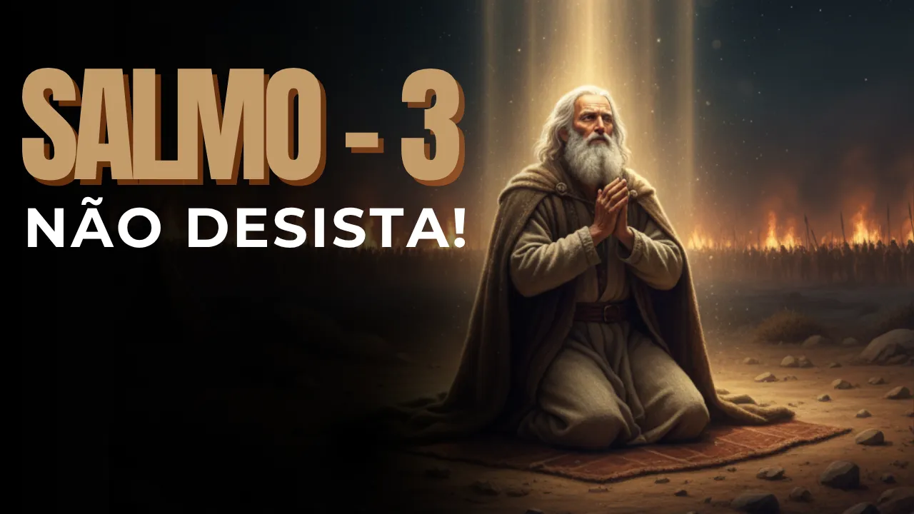 Salmo 3 - Não Desista: ajoelhado em oração em um acampamento simples sob um céu estrelado. Um feixe de luz dourada desce do céu, formando um escudo ao redor dele. Ao longe, fogueiras e sombras de exércitos inimigos cercam o acampamento, contrastando perigo externo com paz e proteção divinas