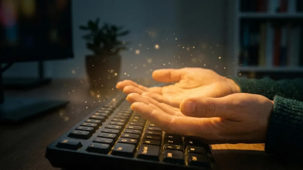 mãos em oração em uma mesa de escritório 